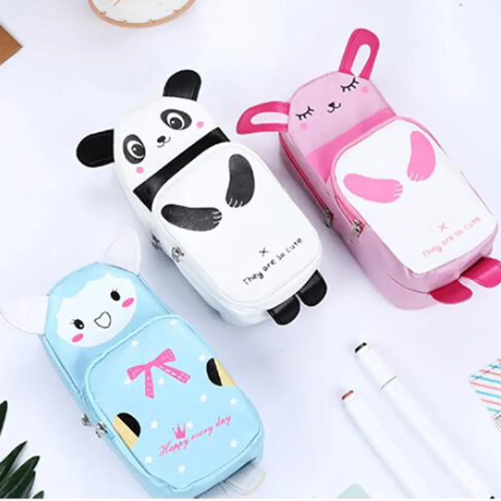 1PC Korean Cartoon Animals PU Leather Cat Rabbit Panda Pencil Case Waterproof Pencils Bag Stationery Student Supplies