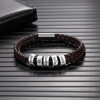 

Personalized Brown Leather Braid Rope Bracelet for Men Custom Name Beads ID Bracelets Bangles Birthday Gift for Father Husband