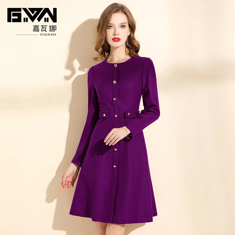 

GYALWANA 2019 Winter Women Thick Purple Wool Dress Elegant High End A-line Office Lady Dresses Elegant Female Clothing