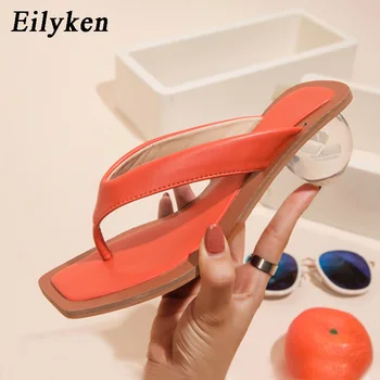 

Eilyken High Quality Soft Leather Flip Flops Slippers Fashion Crystal Transparent Round Ball Heel Sandals Summer Woman Shoes