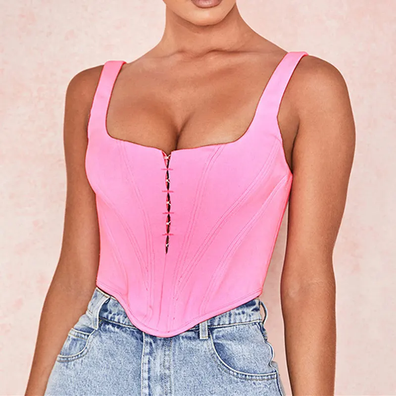 Новые Сексуальные Девушки Женщины без рукавов сплошной цвет квадратный воротник тонкий подходящий розовый укороченный топ клуб пляж праздник безрукавки