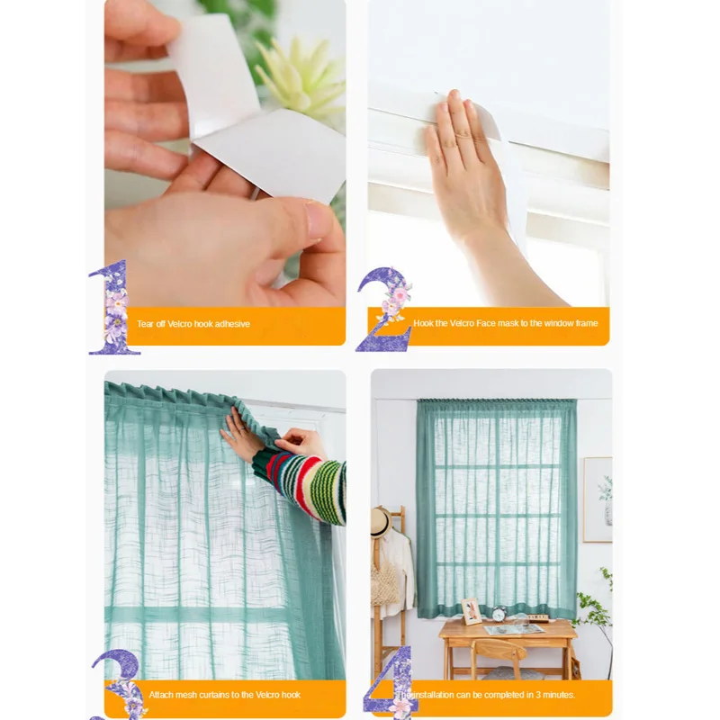 2021 Velcro Window Bay Window Curtain Bedroom Household Living Room Cotton and Linen Self-adhesive Light Transmission  Curtains