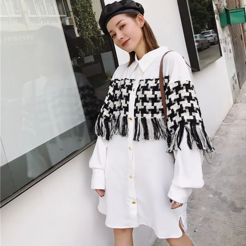 

[EWQ] Solid Color Stitching Lattice Tassel Long Sleeve Lapel Plus Woman Dress Casual Simple Fashion 2019 Autumn New TV540