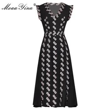 

MoaaYina Fashion Runway dress Summer Women's Dress Sleeveless V-neck Floral Embroidery Black Pleated Dresses