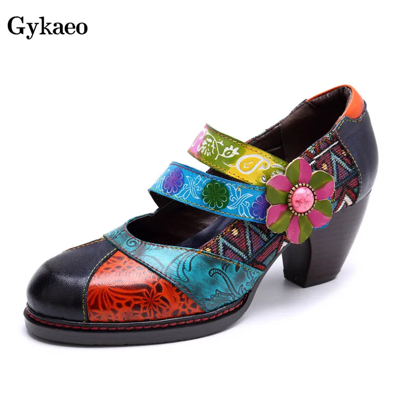 

Gykaeo Bohemian Style Handmade Genuine Leather Pumps Women Shoes Female Printing Hook and Loop Soft Comfortable Mary Jane Shoes