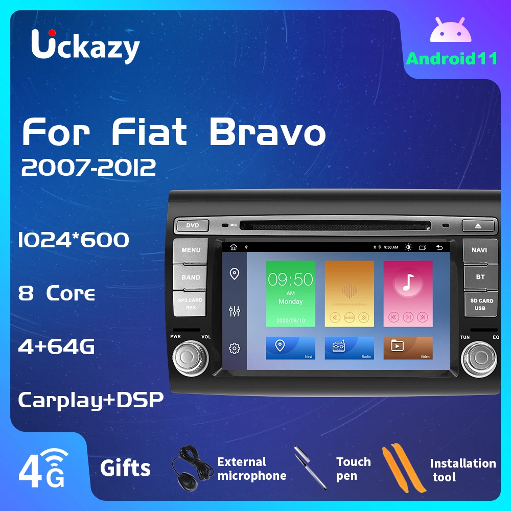 Автомобильный мультимедийный DVD-плеер Uckazy 4 Гб 2 Din Android 11 для Fiat/Bravo 2007 2008 2009 20102011 2012