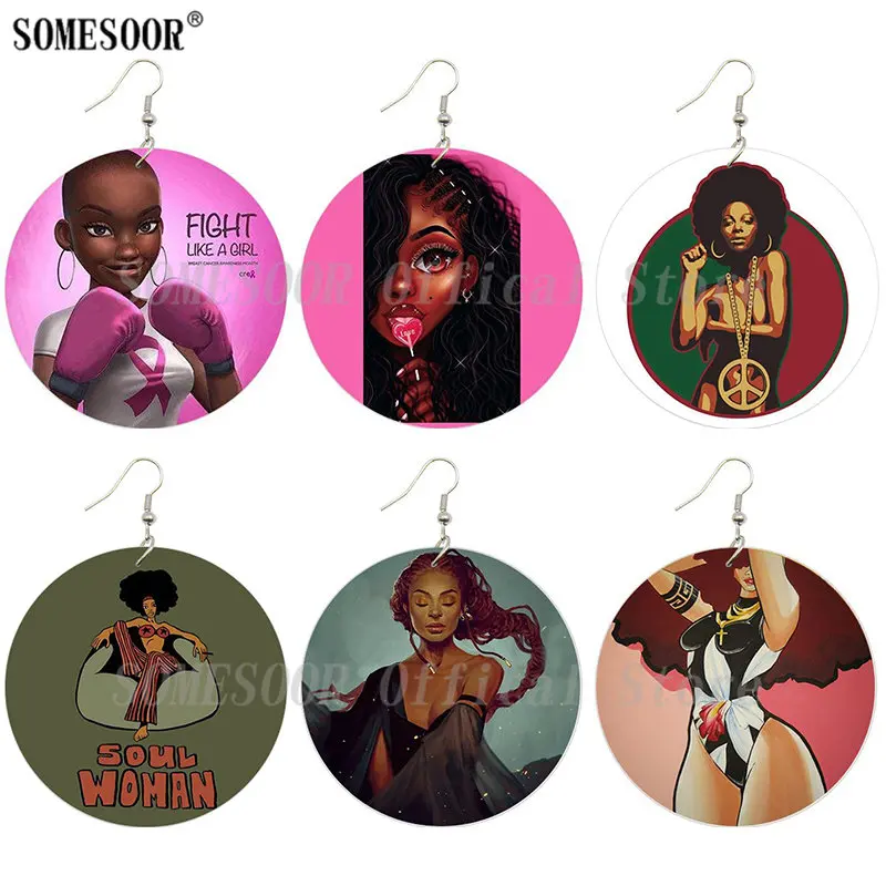 

SOMESOOR Black Fight Girl Arts Wooden Drop Earrings Peace Symbol Cruls Soul Woman Printed Wood Dangle Jewelry For Women Gifts