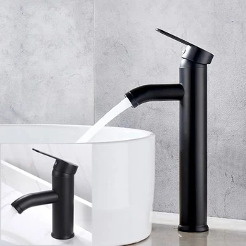 

Basin Sink Bathroom Faucet Deck Mounted Hot Cold Water Basin Mixer Taps Stainless Steel Matte Black Lavatory Sink Tap Crane