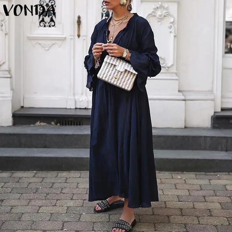 

VONDA Women Deep V Neck Prom Evening Party Dresses Ruffled Casual Long Sleeve Holiday Maxi Dress Vestidos Pregnancy Sundress 5XL