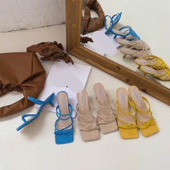 

Beige Heeled Sandals Velvet Shoes 2019 Summer Med Ankle Strap Women's Heels Open Toe Cross Black Suede Stiletto Ladies Medium