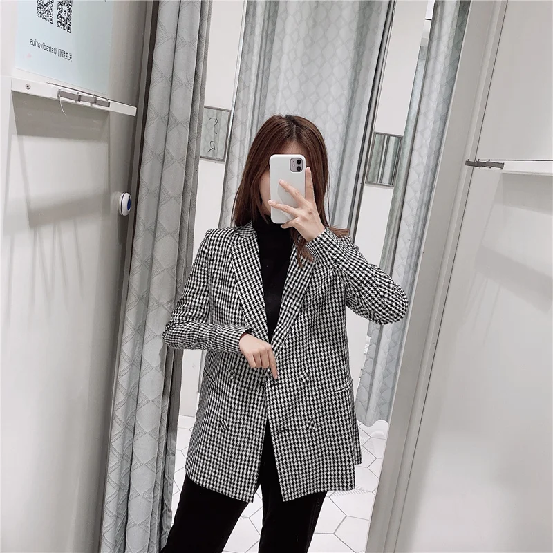 OMIKRON элегантный клетчатый блейзер для женщин, куртка с длинным рукавом для офиса, Женская облегающая одежда, осень-зима, Повседневная Уличная одежда