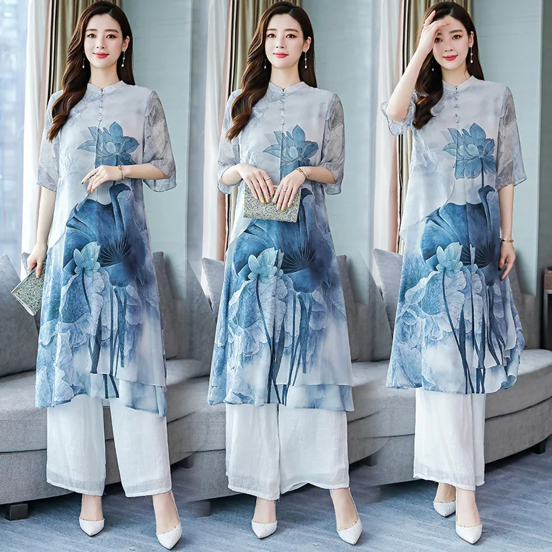 

Ethnic-Style Printed WOMEN'S Suit 2019 New Style Elegant Cheongsam Slimming Retro Chinese-style Loose Pants Two-Piece Set Fashio