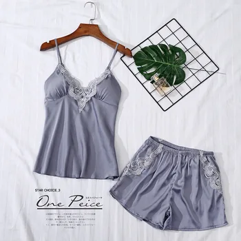 

Sexy Pajamas Set Sleep Set Sexy Lace 2PCS Sleepwear Silky Pyjamas Satin Strap Top&Shorts Women Intimate Lingerie Home Clothes