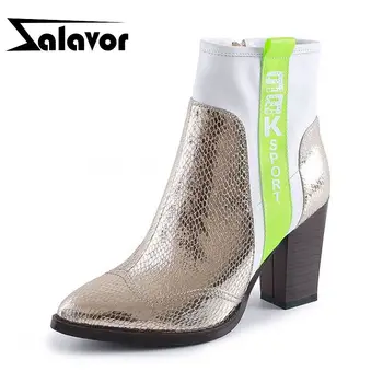 

ZALAVOR Patchwork Women Ankle Boots Fashion Pointed Toe Pattern Shoes Women Winter Thick Heel Mixed Color Footwear Size 34-42