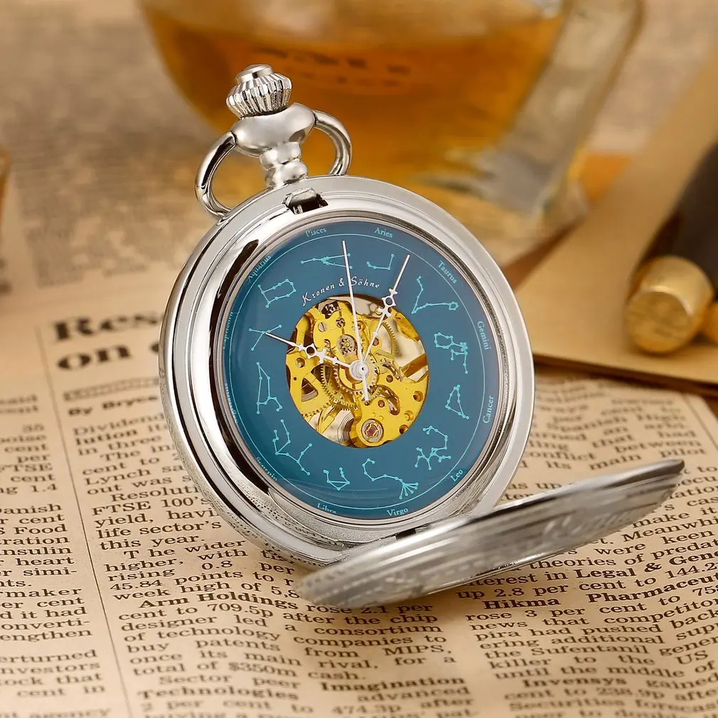 KS Twelve созвездия Vingage Серебряный Скелет аналоговые Horloge механические часы бизнес для мужчин ключ кулон карманные часы/KSP098