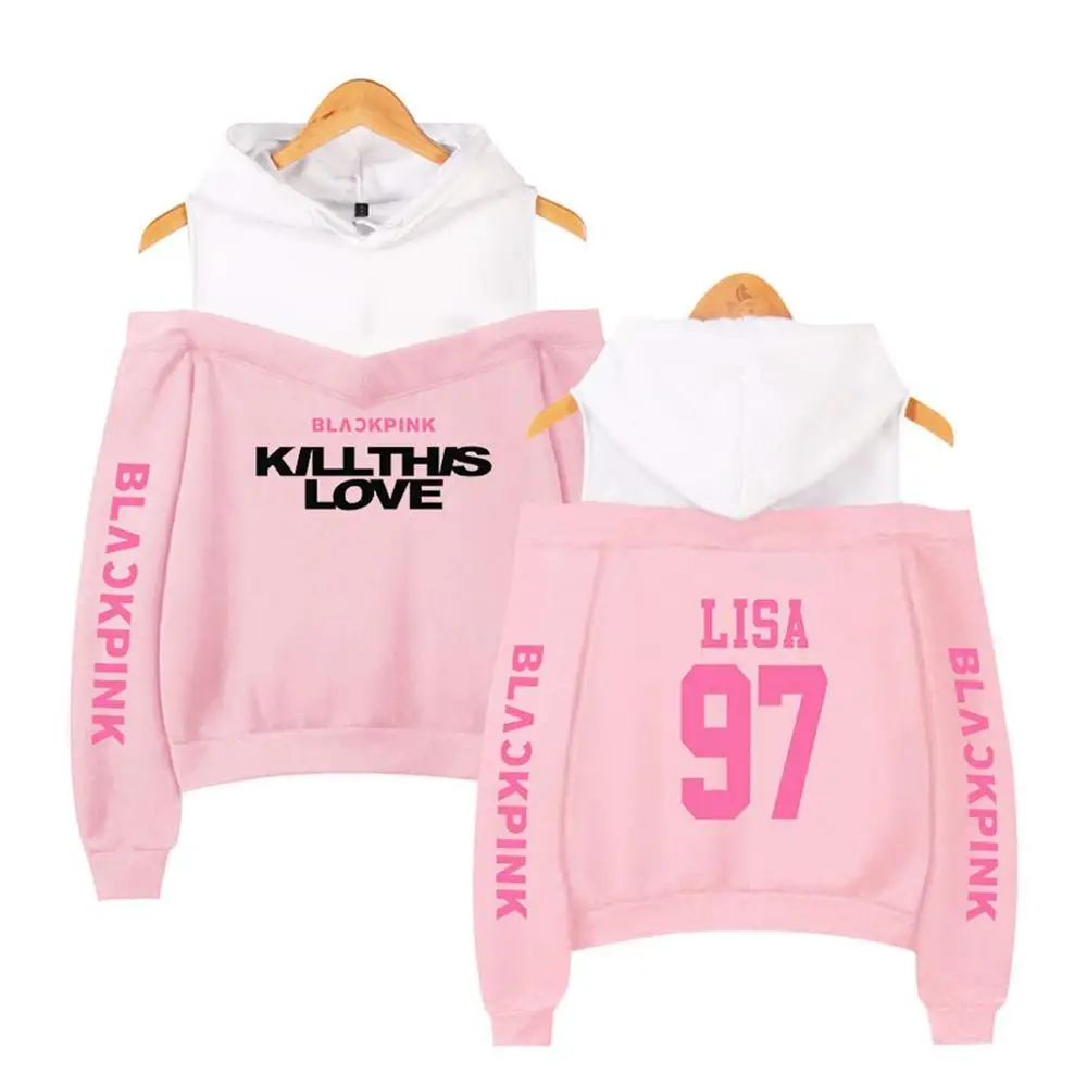 Mainlead Kpop черная розовая толстовка с открытыми плечами Lisa Rose Jennie Jisoo куртка - Цвет: Lisa Pink2
