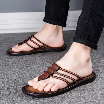

2020 Mens Flip Flops Sandals Genuine Leather Casual Men Shoes Slippers Summer Fashion Beach Flip Flops Platform Sandalias Mujer