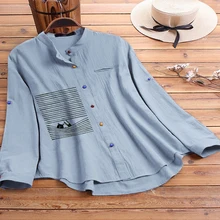 

Elegant Women Stand Collar Long Sleeve Blouse Spring Cotton Linen Rabbit Bear Print Shirt Casual OL Blusas Buttons Down Tops