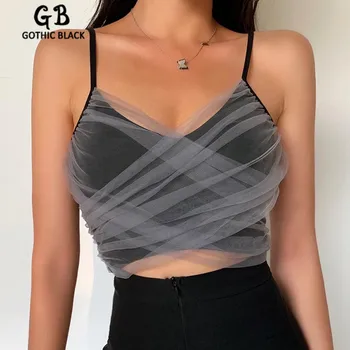 

Gothblack Streetwear Slim Splice Mesh Camisole Gothic Black Solid Color Bodycon Tank Tops 2020 Casual Female Beach Party Tops