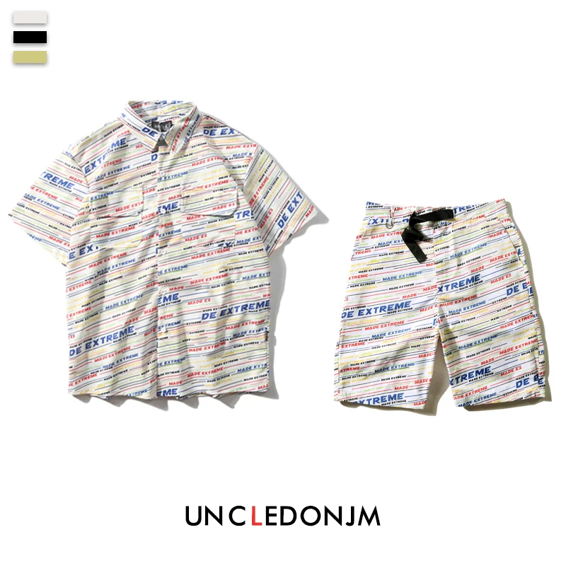 

UNCLEDONJM 2 Pieces Sets Mens Fashion Letter Printed Short Sleeve Loose Shirt And Drawstring Elastic Waist Shorts A11/A12
