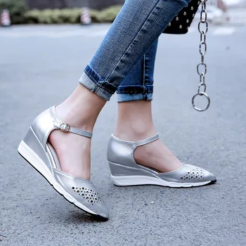 

2020 Perforated Hole Summer Silver Black Heels Pointed Toe Party Wedges Shoes Woman Ankle Strap Lady Pumps Plus Size 43