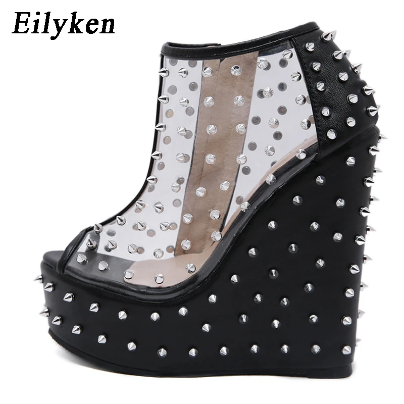 Eilyken/Модные женские босоножки; обувь на платформе; женские босоножки на танкетке с молнией и заклепками из прозрачного ПВХ; черные туфли с открытым носком на высоком каблуке