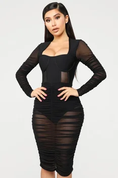 

Spring Women Fashion Black Mesh Bandage Dress Vestidos 2020 Elegant Female Sexy Long Sleeve Square Collar Party Dresses Vestidos
