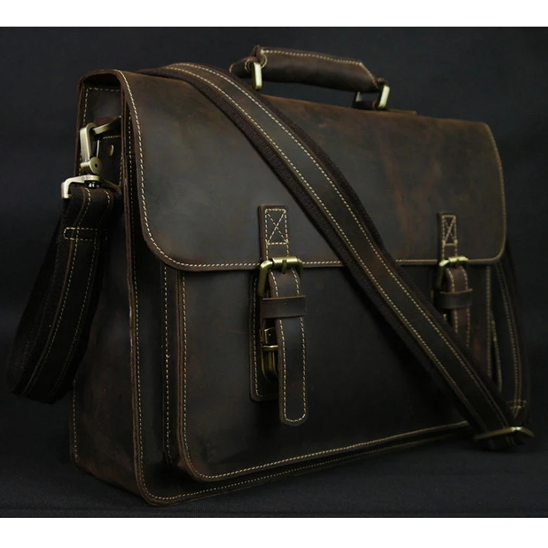 Maletín de cuero Vintage Crazy Horse para hombre, bolsa para portátil, de trabajo, de negocios, de cuero genuino, bandolera