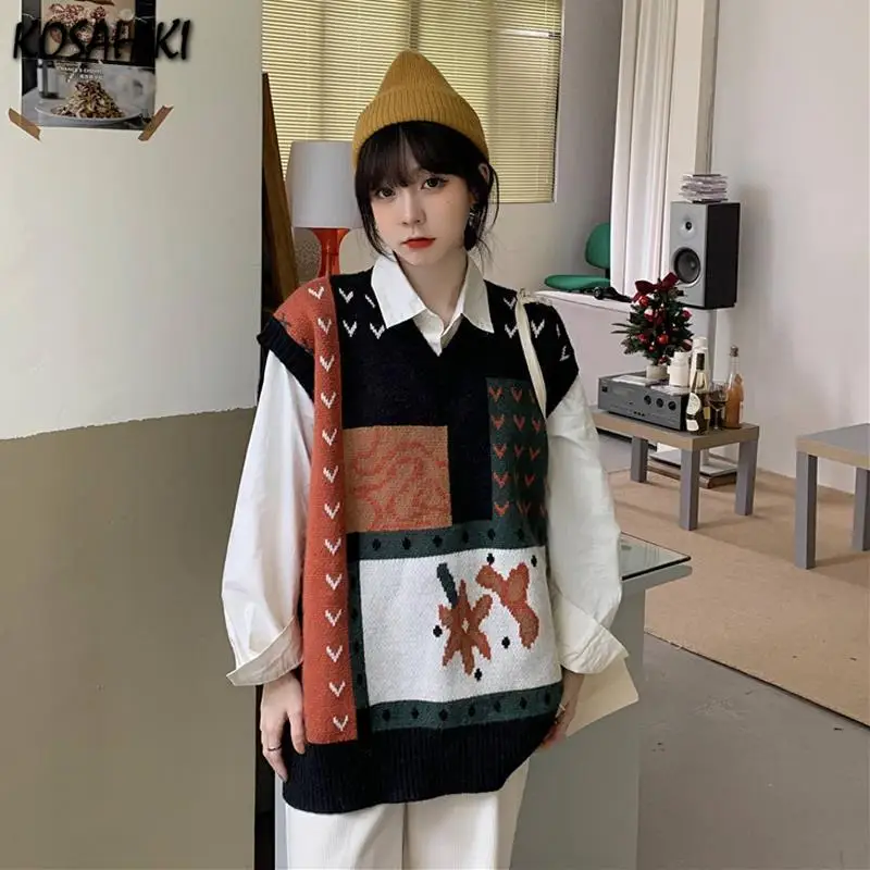 KOSAHIKI Sweater Vest Women Sleeveless V-neck Kawaii Printed Cartoon Knitting Sweet Cute Students School Streetwear Clothing |