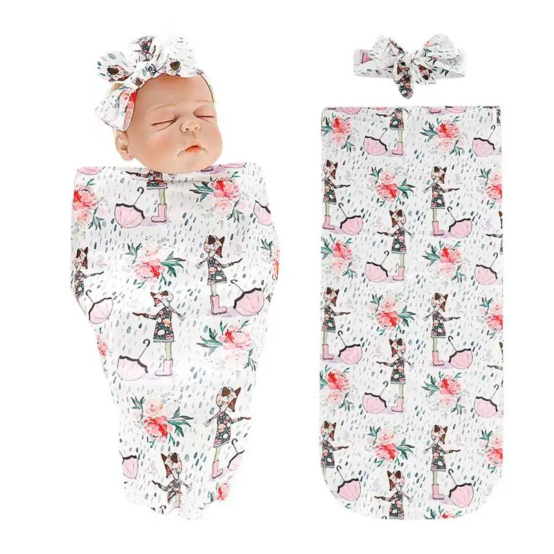 2 Pcs/set Baby Sleeping Bag Tiara Newborn Swaddle Wrap Anti-kick Blanket Hair Band Headwear Set Infants Photography Props