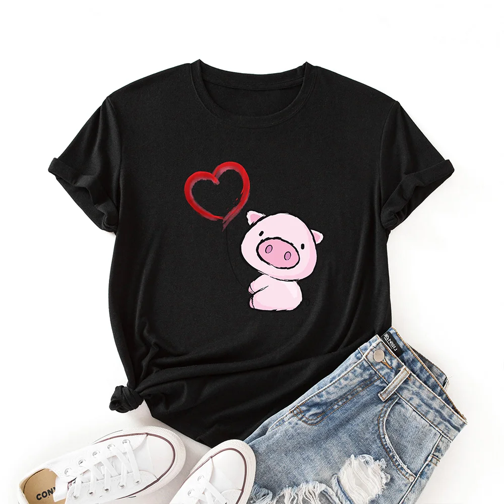 Woman Short Sleeve Colored  Graphic Tees Summer T-Shirt Female Tops Shirts for Women Cute Animal Piggy Love Heart Pig Top vintage t shirts Tees