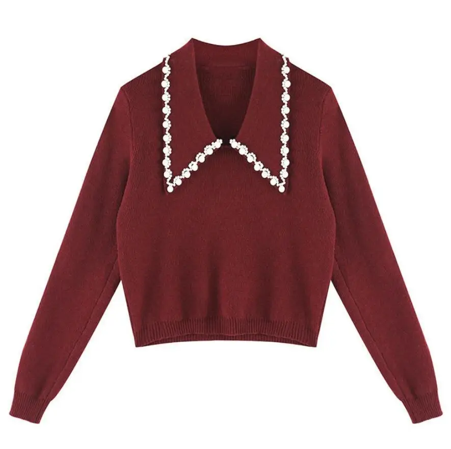 High Quality Women Girl Winter full Sleeve Waist Pullover Peter Pan Collar sweaters Cute Sweet Beading basic Knitwear | Женская одежда