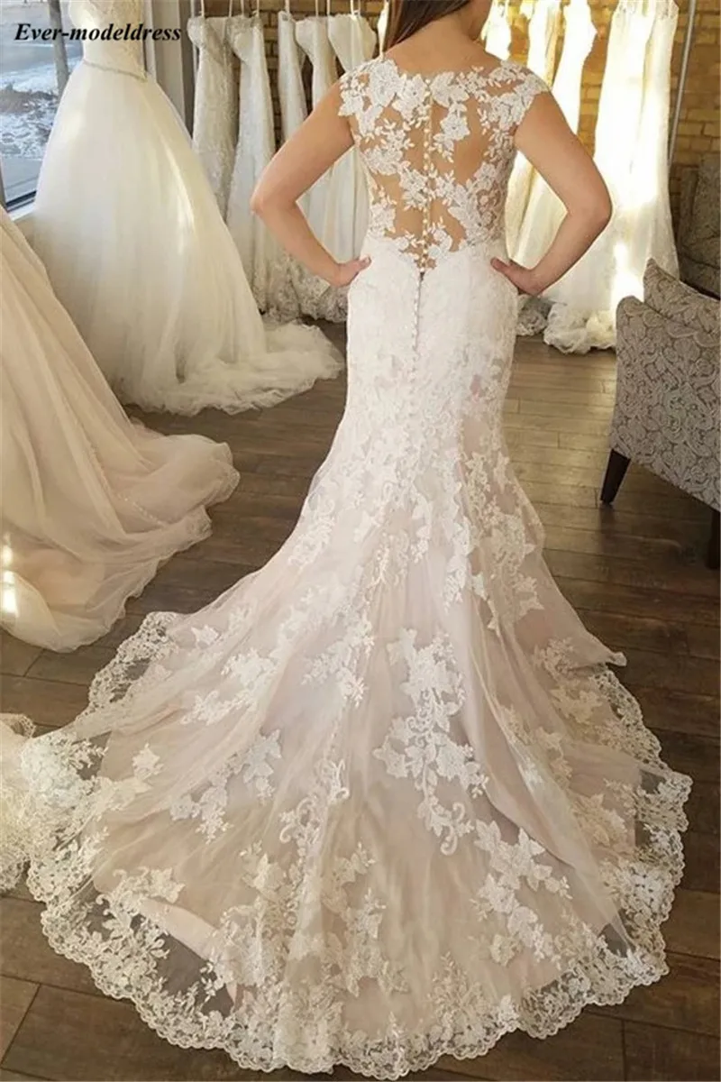 Vestido de Noiva, свадебные платья русалки,, кружевные аппликации, прозрачные, с круглым вырезом, на пуговицах, свадебные платья, платье невесты, Robe De Mariee