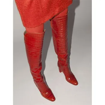 

Women Boot Glossy Croc-effect Leather Red Wine Yellow Over THe Knee Boots For Woman Block High Heels