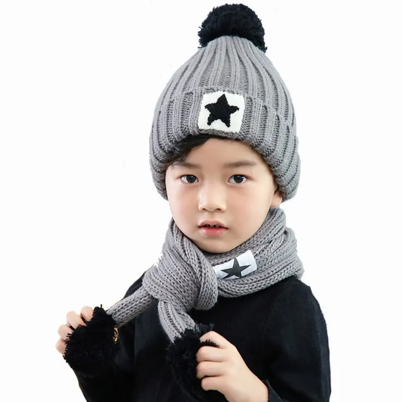 Gray Лидер продаж, детские вязаные шапочки и наборы шарфов Hailball Beanies, вязаные детские зимние комплекты из 2 предметов, зимние шапки для детей, зимняя шапка - Цвет: Gray