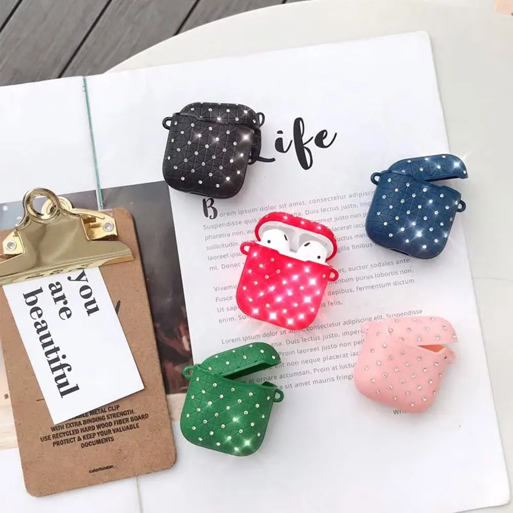 

Luxury Brand Sparkling diamond Square soft Silicone Bluetooth Wireless Earphone Case For Apple AirPods 1 2 Lanyard Box Headset