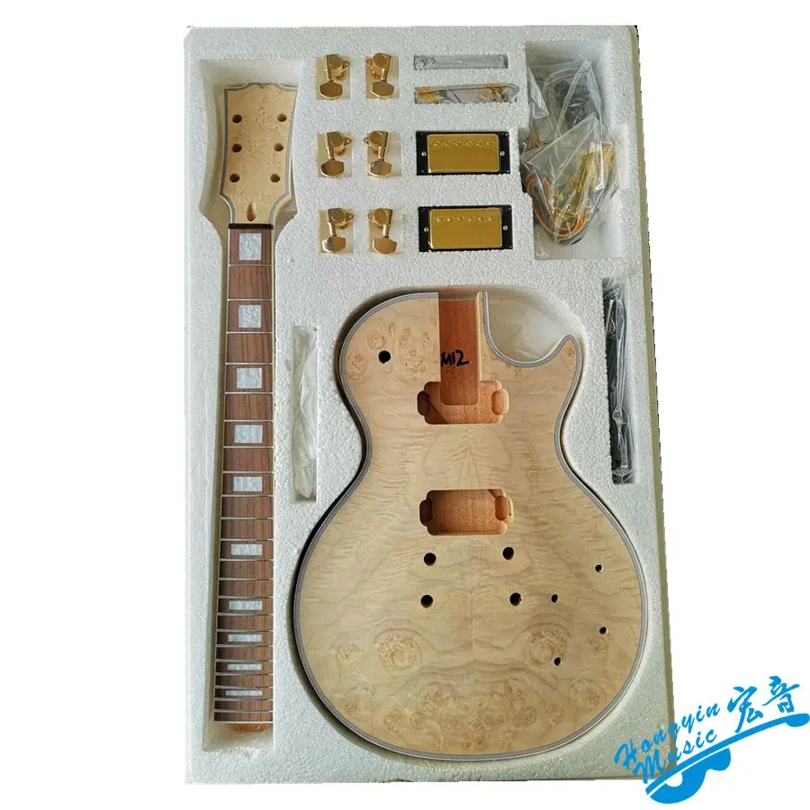

LP Style Electric Guitar Kit Maple Burl Veneer Basswood Body Rosewood Fingerboard Durable Maple Neck Guitar Accessories Set