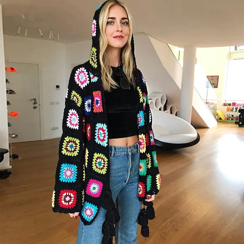 TIYIHAILEY Free Shipping Vintage Knitting Long Coat Women Hand Made Chinese Style Outerwear Full Sleeve Patchwork Hooded Dresses