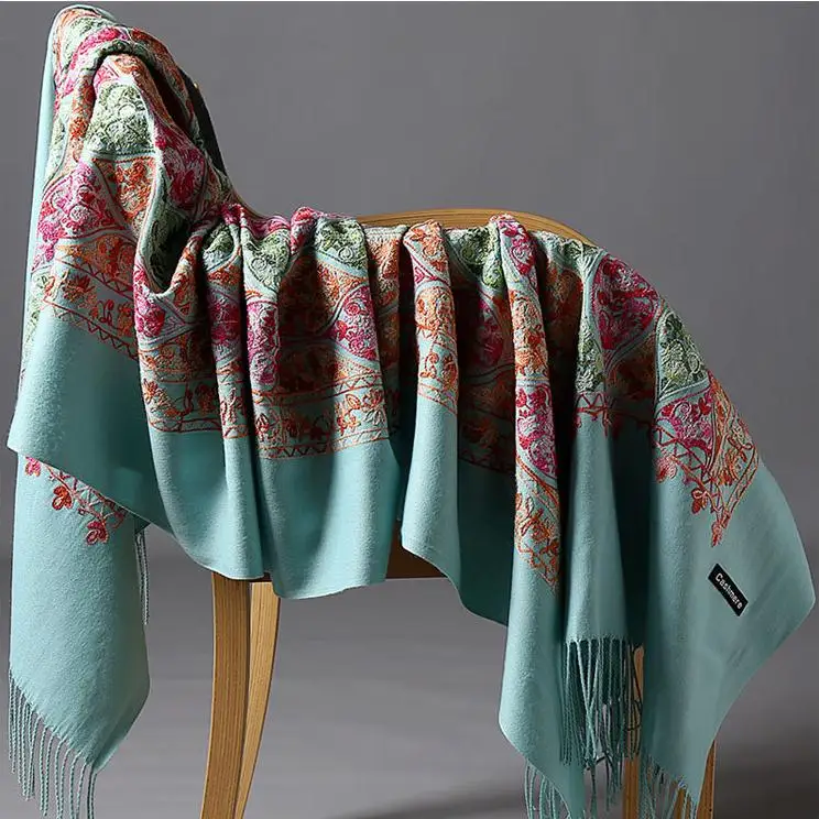 mint green Негабаритный женский черный вышитый цветок кашемировый шарф Пашмина зимний теплый тонкий шарф с кистями шаль модные шарфы - Цвет: mint green