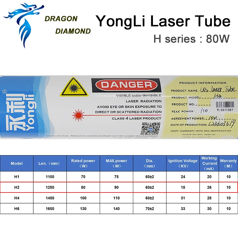 Dragon Diamond Yongli H2 Co2 лазерная трубка 80 Вт Длина металлической головки 1250 мм диаметр 60