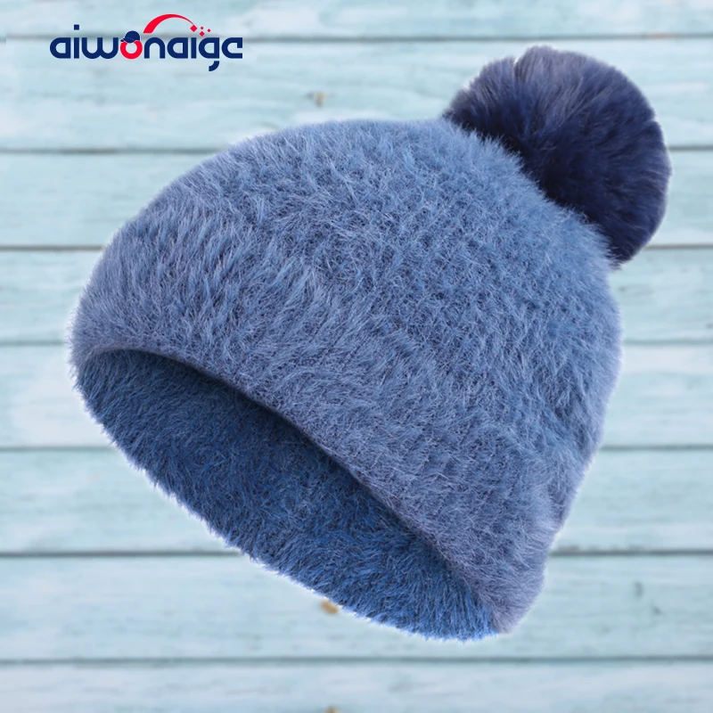 Новая мода Ангорская шерсть женские вязаные шапочки шапка Помпон зимняя женская