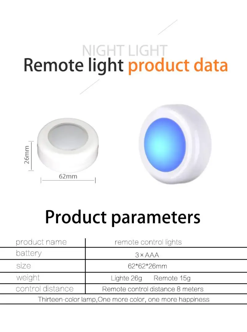 1PC Night Light Color Changing Small Lamp Wireless LED Remote Control Self Stick-On Lights Battery Push On Spot Lights For Kids night light lamp