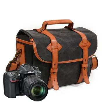 

Waterproof Oil Wax Canvas+Crazy Horse Cowhide DSLR Camera Shoulder Bag Retro Men Women Photography Sling Messenger Handbag