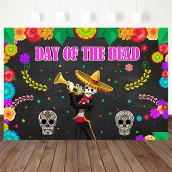 

Day of The Dead Photography Background Mexican Skull Marigold Backdrop Dress-Up Party Fiesta Banner Decoration For Photo Studio
