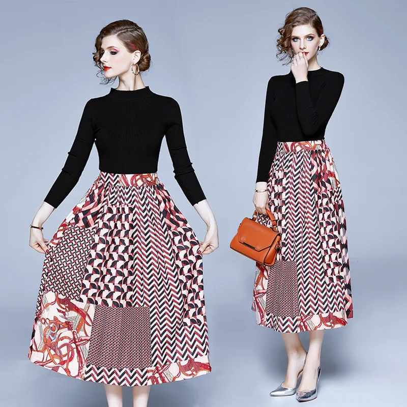 

2019 New Style Long Sleeve Short Lace-up Sweater + Elastic Waist Contrast Color Pleated Skirt-Style Set