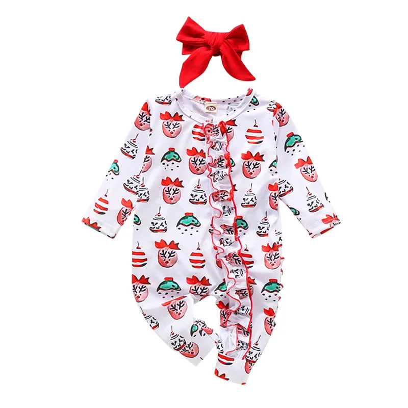 

2PCS Toddler Babyâ€™s Spring Autumn Clothes Set Cute Cartoon O-Neck Long-Sleeves Printing Rompers + Red Bow Headband 0-24M