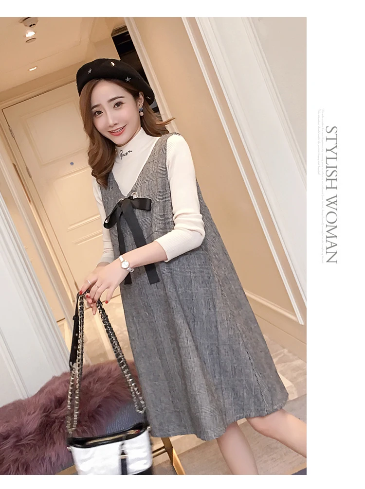 6596# 2PCS/Set Autumn Korean Fashion Maternity Dress Sweet Lovely Straight Loose Clothes for Pregnant Women Fall Pregnancy