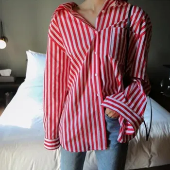 

LANMREM koraen oversize Shirt famale 2020 Summer long sleeve loose red white stripes sunscreen temperament blouse women YJ213