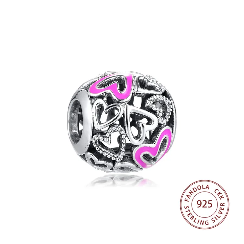 

Valentine's New 925 Sterling Silver Pink Openwork Freehand Heart Charms Beads for Jewelry Making Fits Original Bracelet kralen