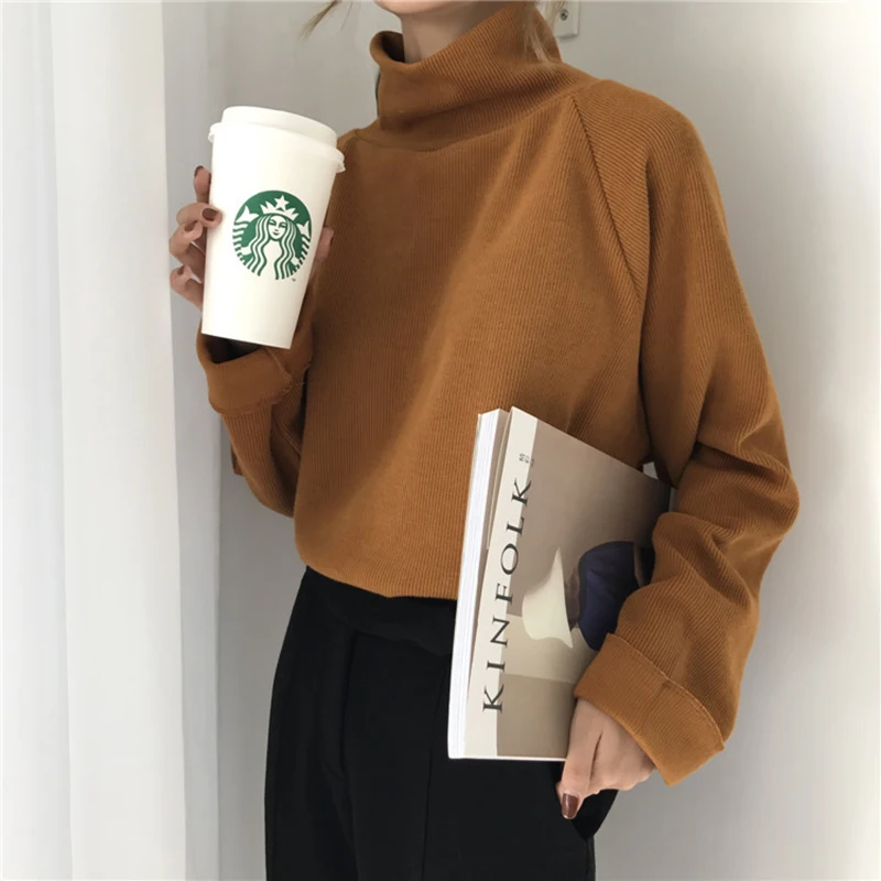 

Solid Color Long-Sleeved Turtleneck Sweater Vintage Style Wild Sweater High Neck Autumn Winter Thicken Woman'S Clothing